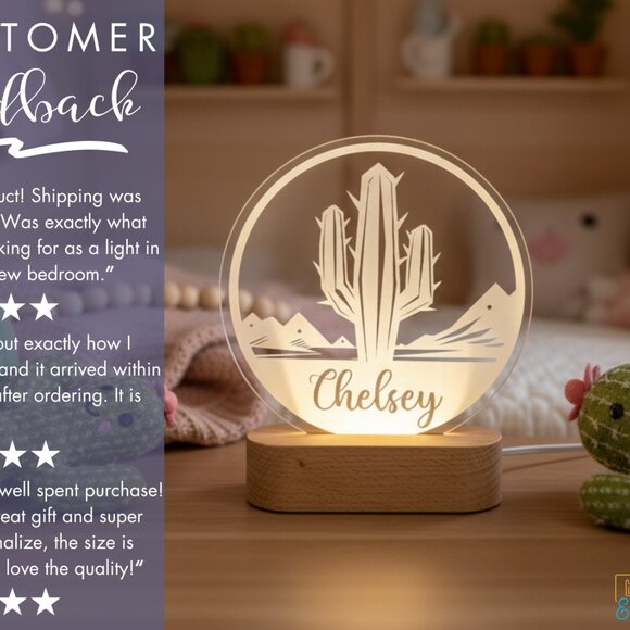 Personalized Cactus Night Light – Custom LED Lamp Kids Room Decor - Picture 7 of 8